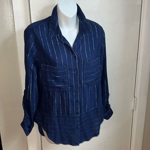 ANTHRO CLOTH & STONE Metallic Striped Linen Blend Blouse-S - Picture 2 of 10